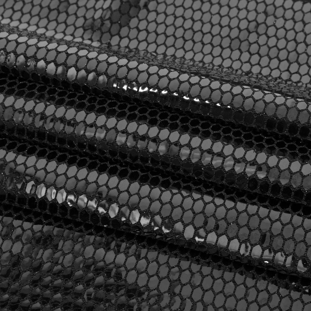 Black and Black Hexagons Foiled Stretch Nylon Knit - Folded