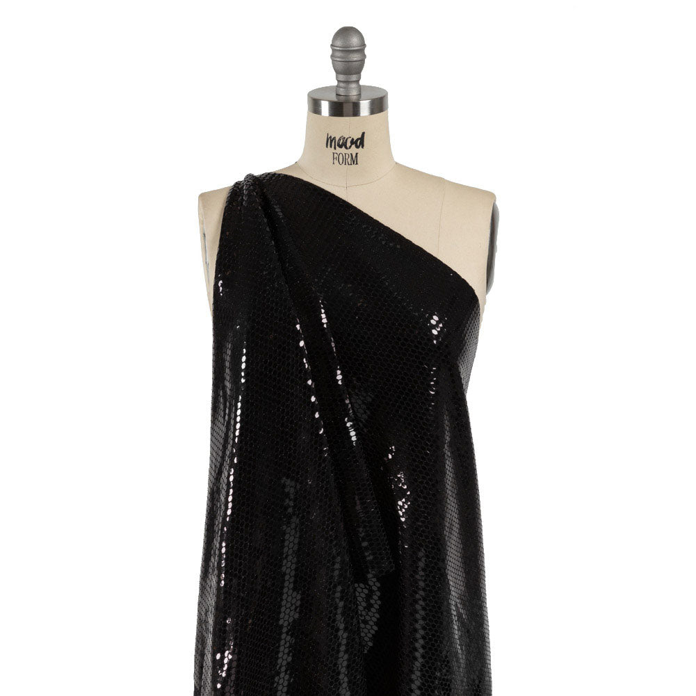 Black and Black Hexagons Foiled Stretch Nylon Knit - Drape