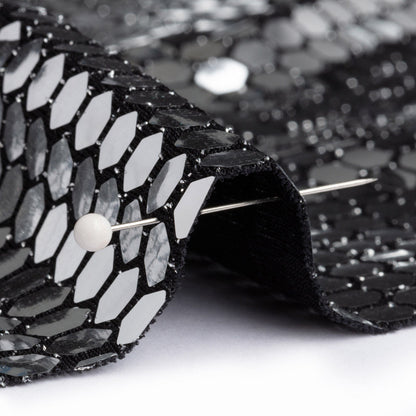 Black and Silver Hexagons Foiled Stretch Nylon Knit