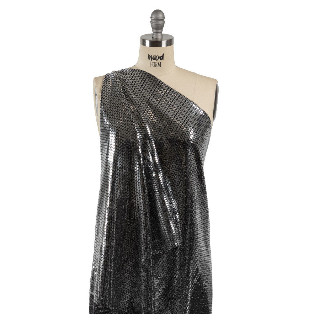 Black and Silver Hexagons Foiled Stretch Nylon Knit - Drape