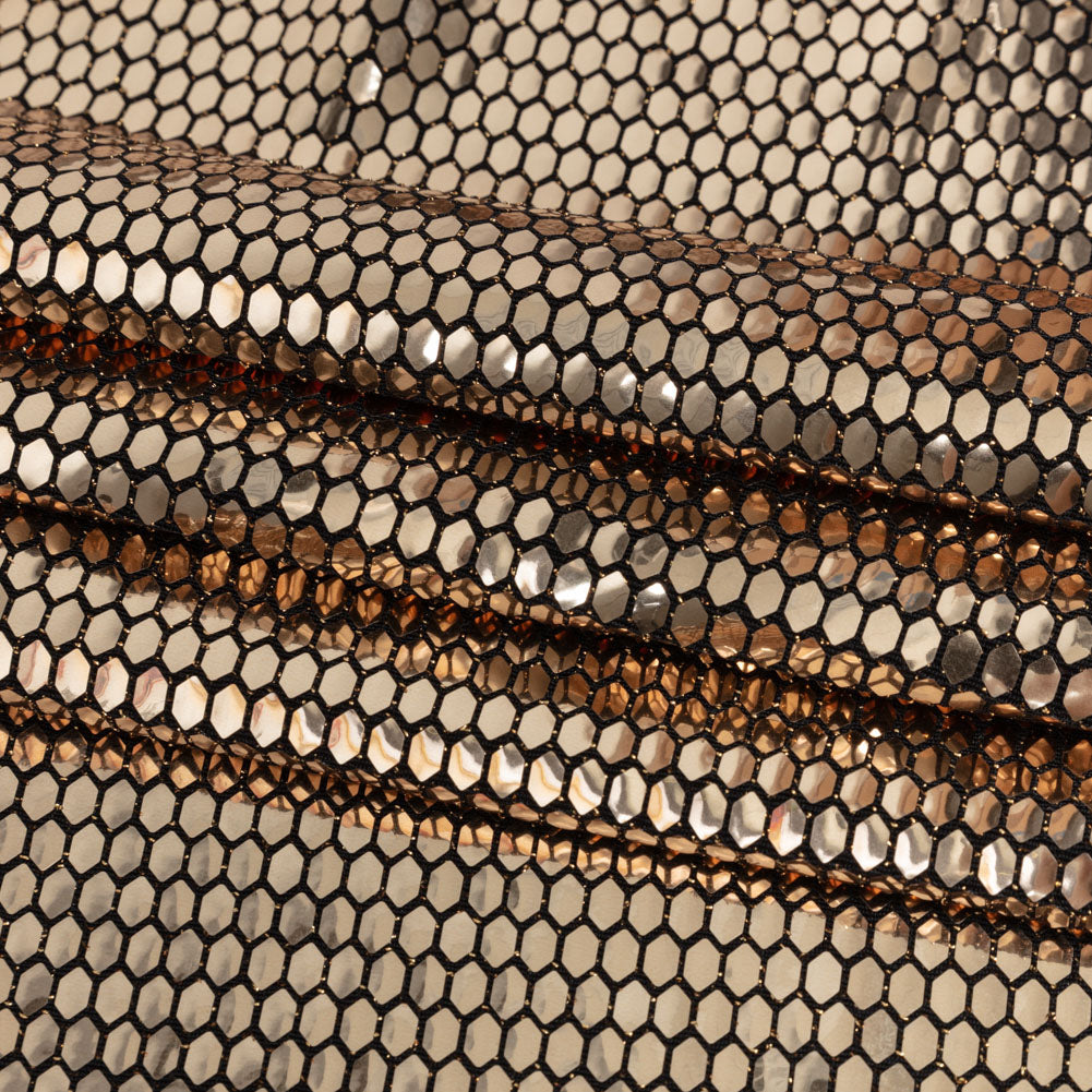 Black and Gold Hexagons Foiled Stretch Nylon Knit - Folded