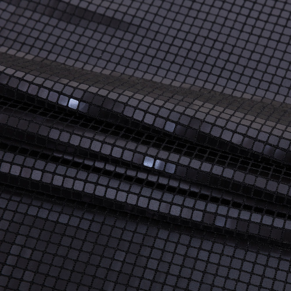 Squares Foiled Stretch Polyester Knit - Charcoal and Metallic Black - Heidi Collection - Folded