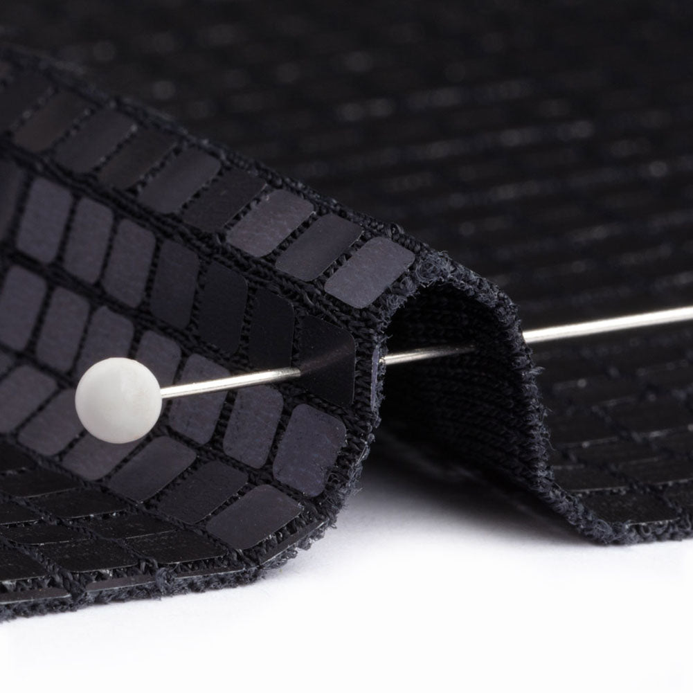 Squares Foiled Stretch Polyester Knit - Charcoal and Metallic Black - Heidi Collection - Detail