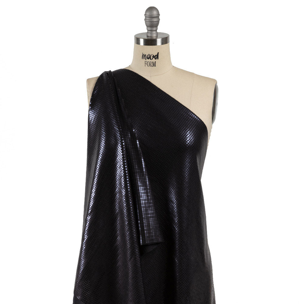 Squares Foiled Stretch Polyester Knit - Charcoal and Metallic Black - Heidi Collection - Drape
