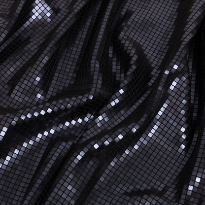 Squares Foiled Stretch Polyester Knit - Charcoal and Metallic Black - Heidi Collection