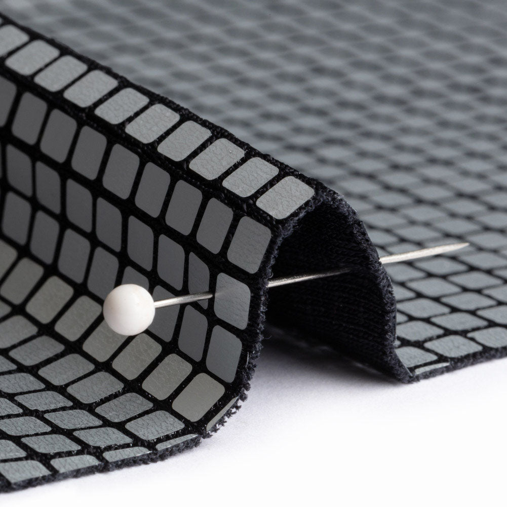 Squares Foiled Stretch Polyester Knit - Silver and Metallic Black - Heidi Collection - Folded