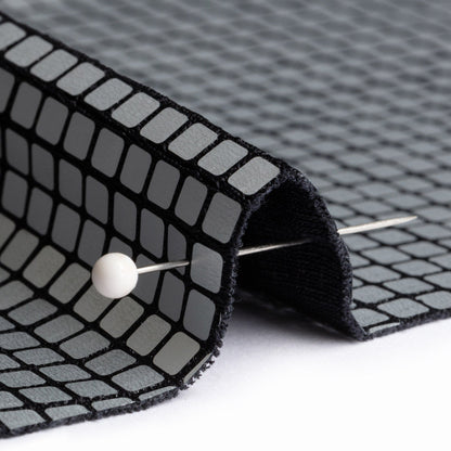 Squares Foiled Stretch Polyester Knit - Silver and Metallic Black - Heidi Collection