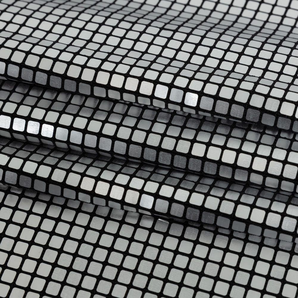 Squares Foiled Stretch Polyester Knit - Silver and Metallic Black - Heidi Collection - Detail