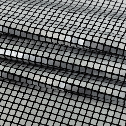 Squares Foiled Stretch Polyester Knit - Silver and Metallic Black - Heidi Collection