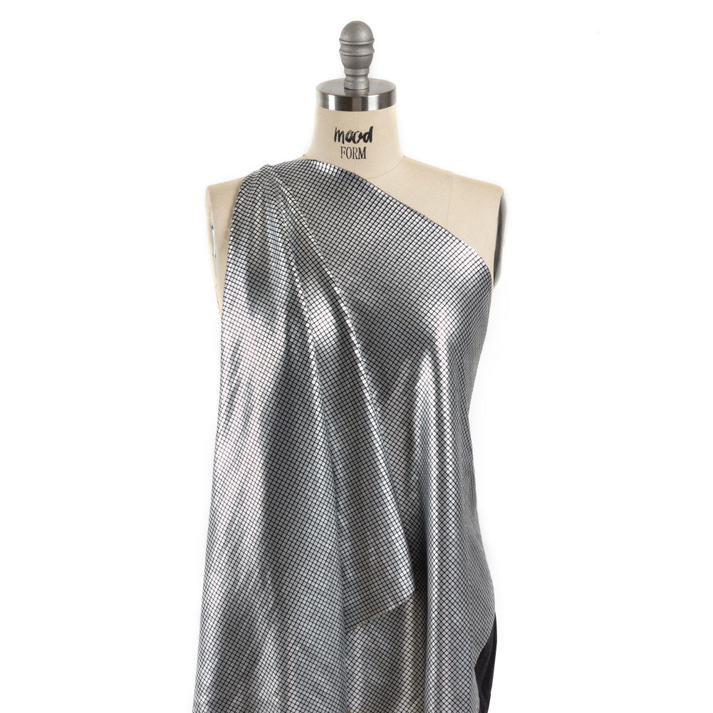 Squares Foiled Stretch Polyester Knit - Silver and Metallic Black - Heidi Collection - Drape