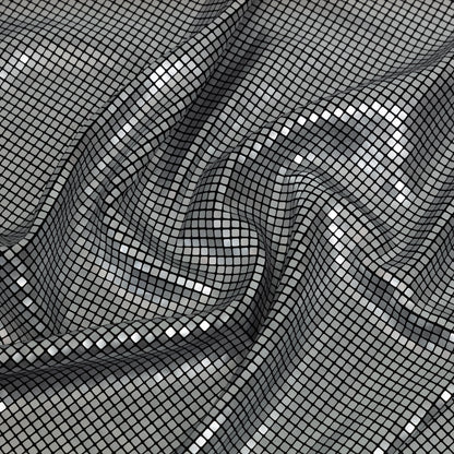 Squares Foiled Stretch Polyester Knit - Silver and Metallic Black - Heidi Collection