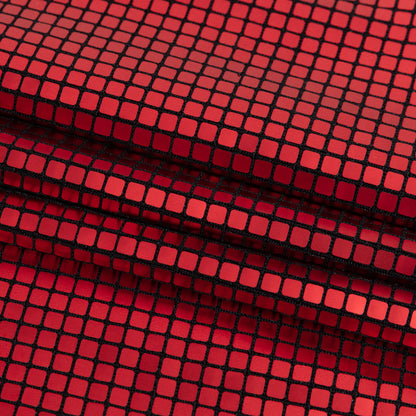 Squares Foiled Stretch Polyester Knit - Red and Metallic Black - Heidi Collection