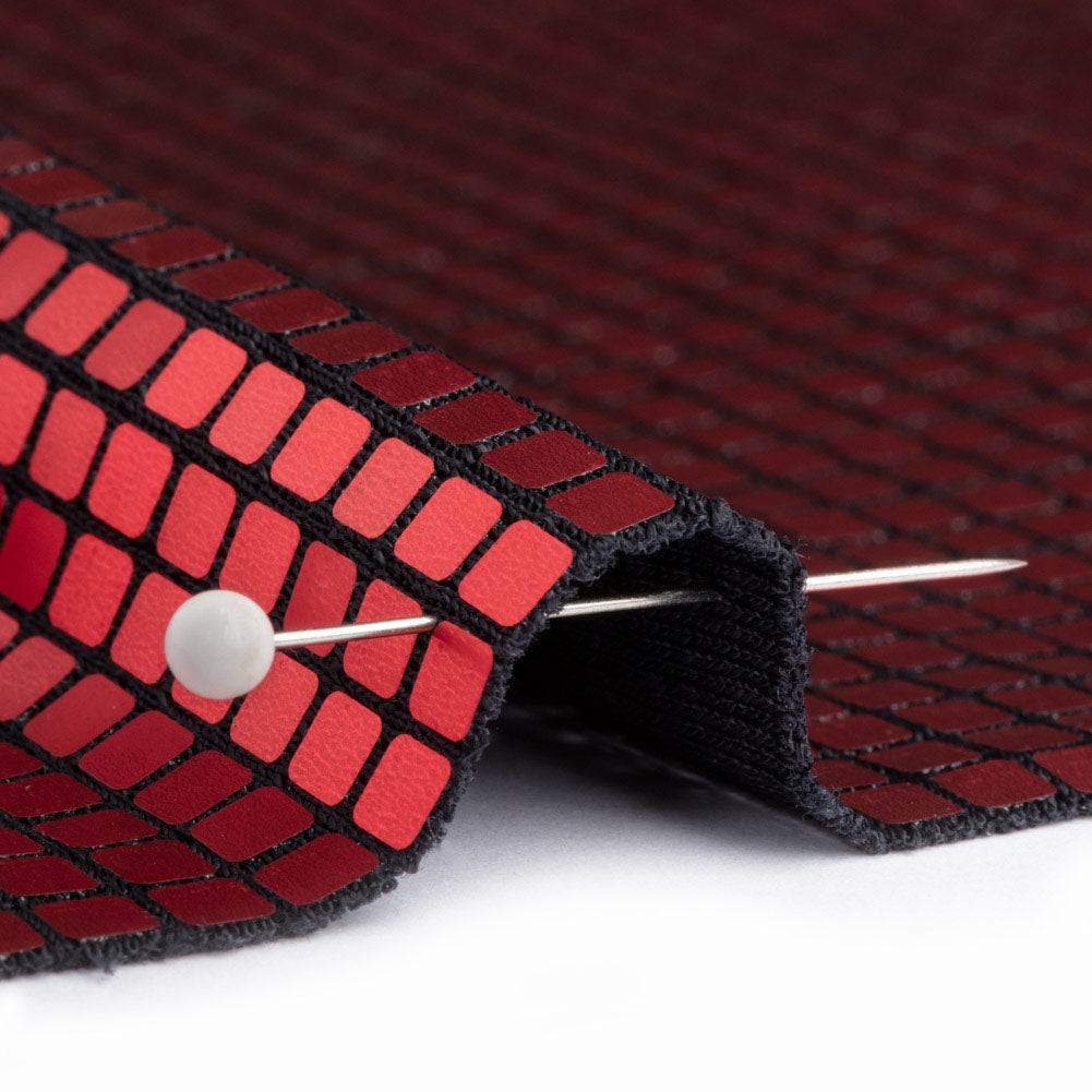 Squares Foiled Stretch Polyester Knit - Red and Metallic Black - Heidi Collection - Detail