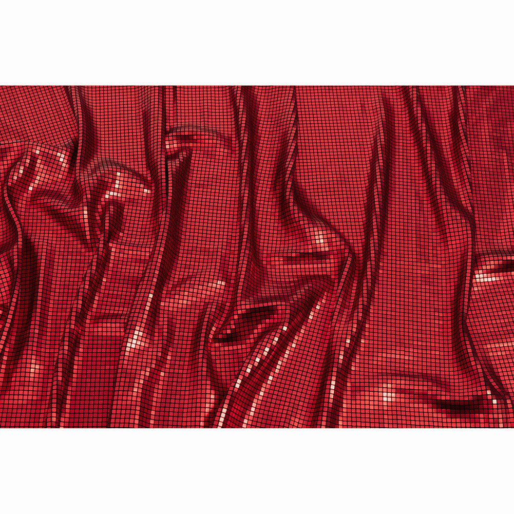 Squares Foiled Stretch Polyester Knit - Red and Metallic Black - Heidi Collection - Full