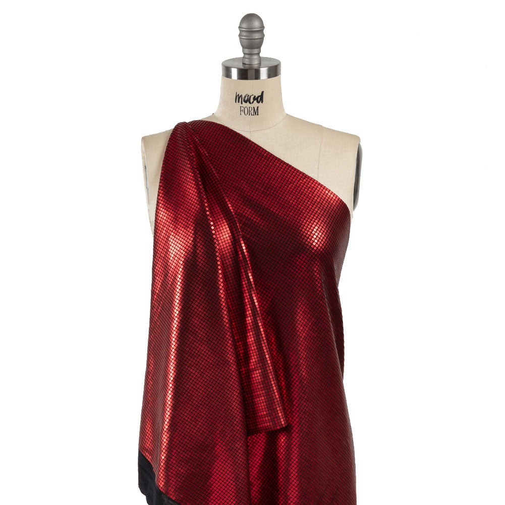 Squares Foiled Stretch Polyester Knit - Red and Metallic Black - Heidi Collection - Drape