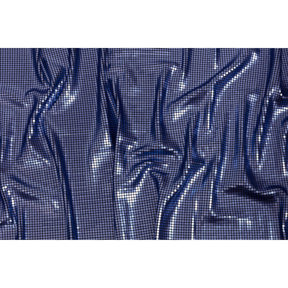 Squares Foiled Stretch Polyester Knit - Blue and Metallic Black - Heidi Collection - Full
