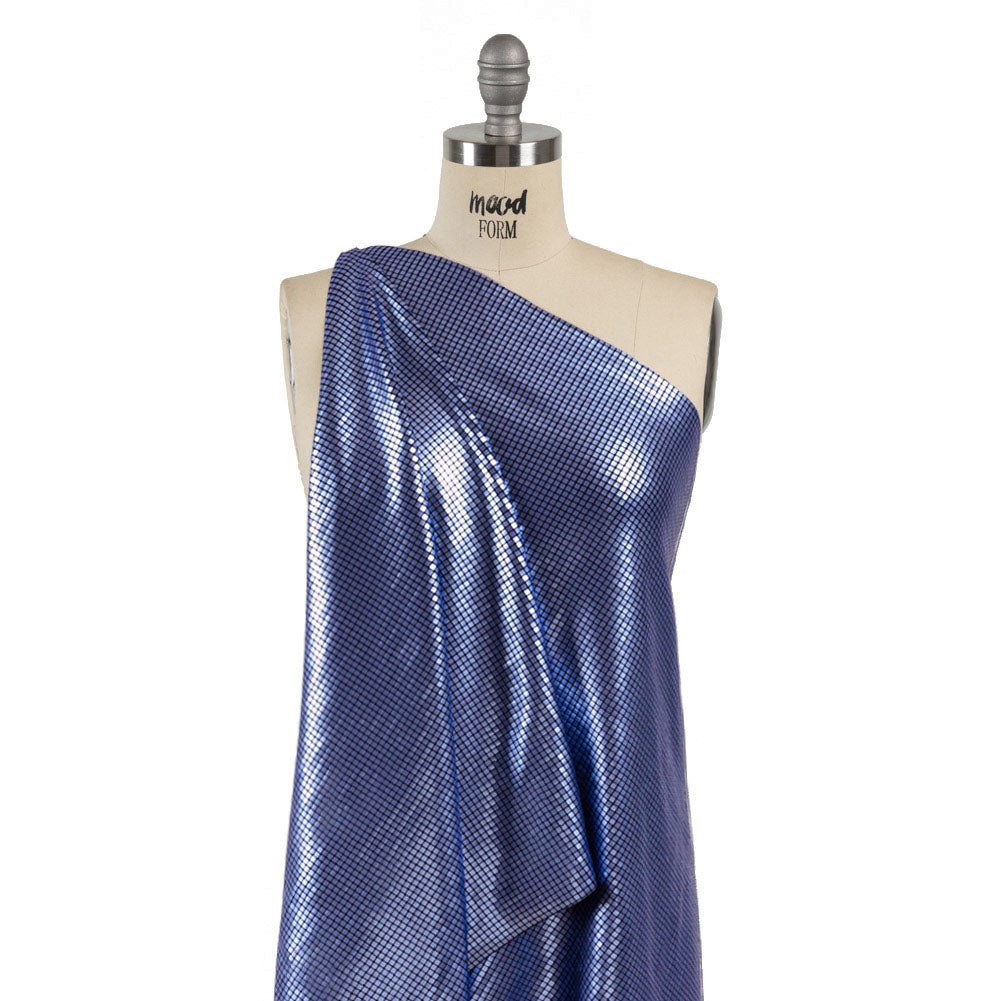 Squares Foiled Stretch Polyester Knit - Blue and Metallic Black - Heidi Collection - Drape