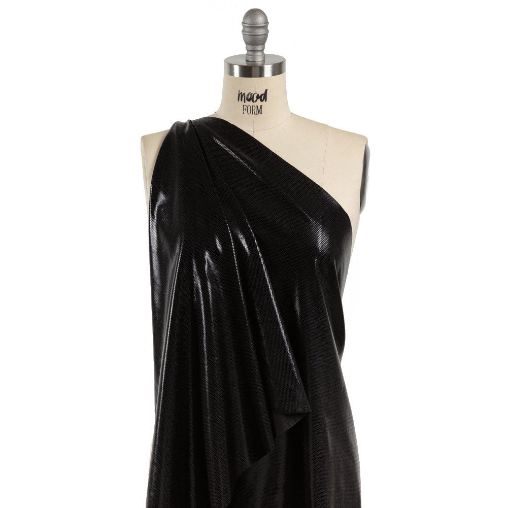 Black Dense Polka Dots Foiled Stretch Polyester Knit - Drape