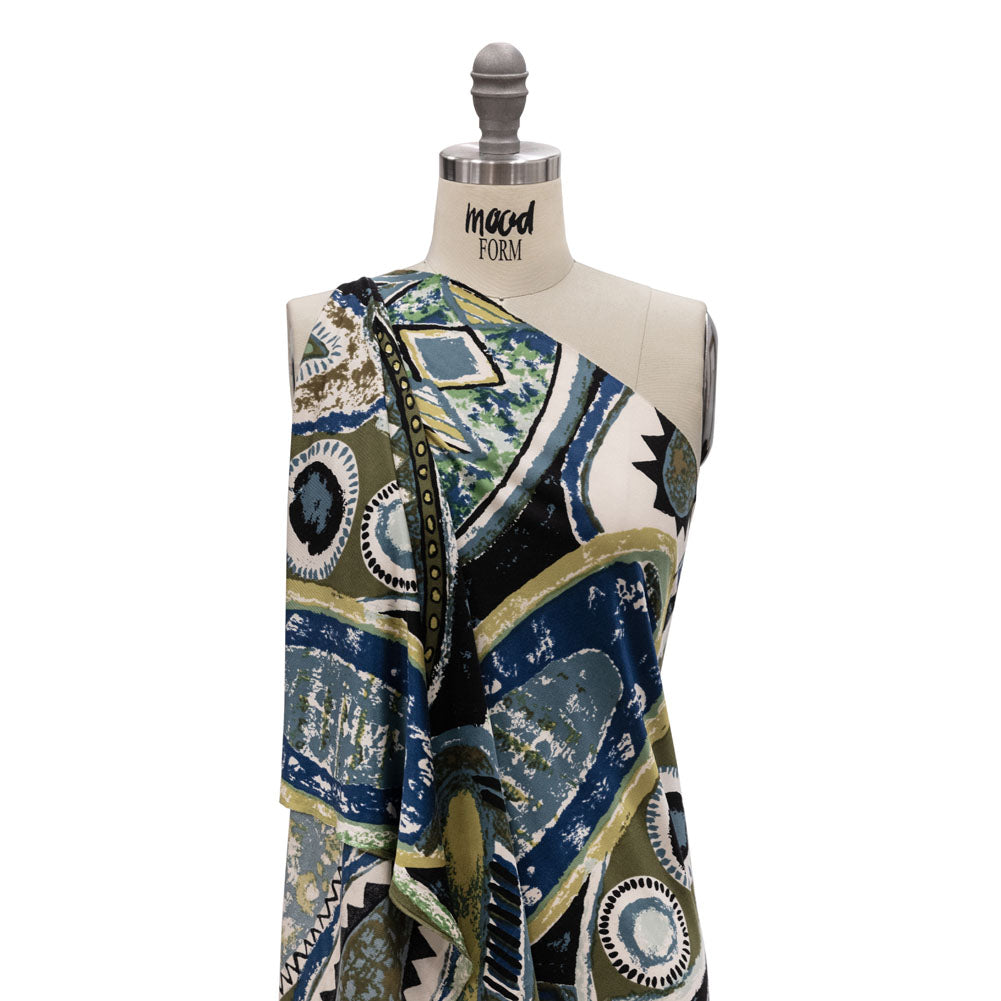 Blue, Olive and Black Abstract Maps Silk Jersey Detail