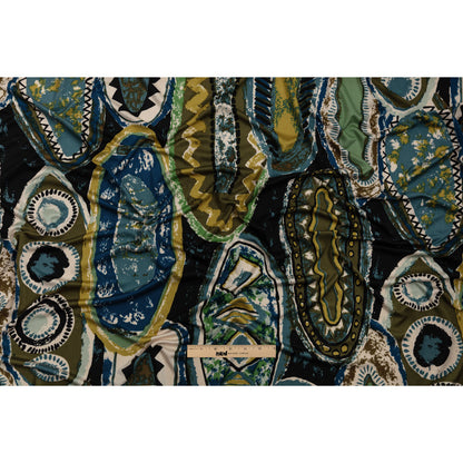 Blue, Olive and Black Abstract Maps Silk Jersey Drape