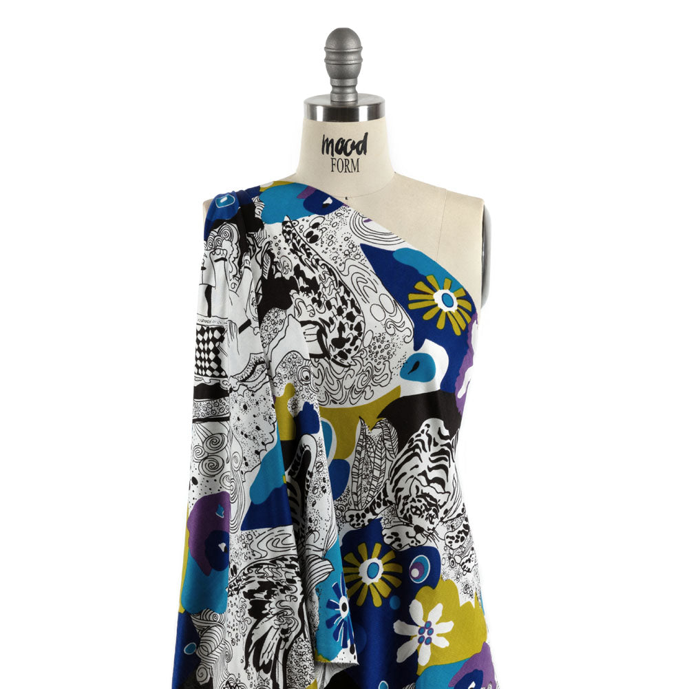 Blue, Golden Olive and Black Flowers and Animal Sketches Silk Jersey Detail
