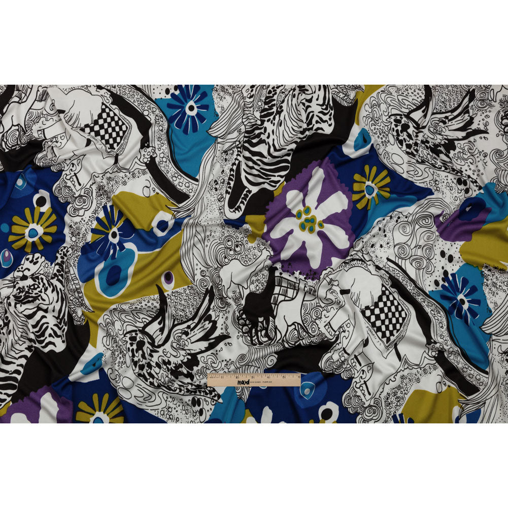 Blue, Golden Olive and Black Flowers and Animal Sketches Silk Jersey Drape