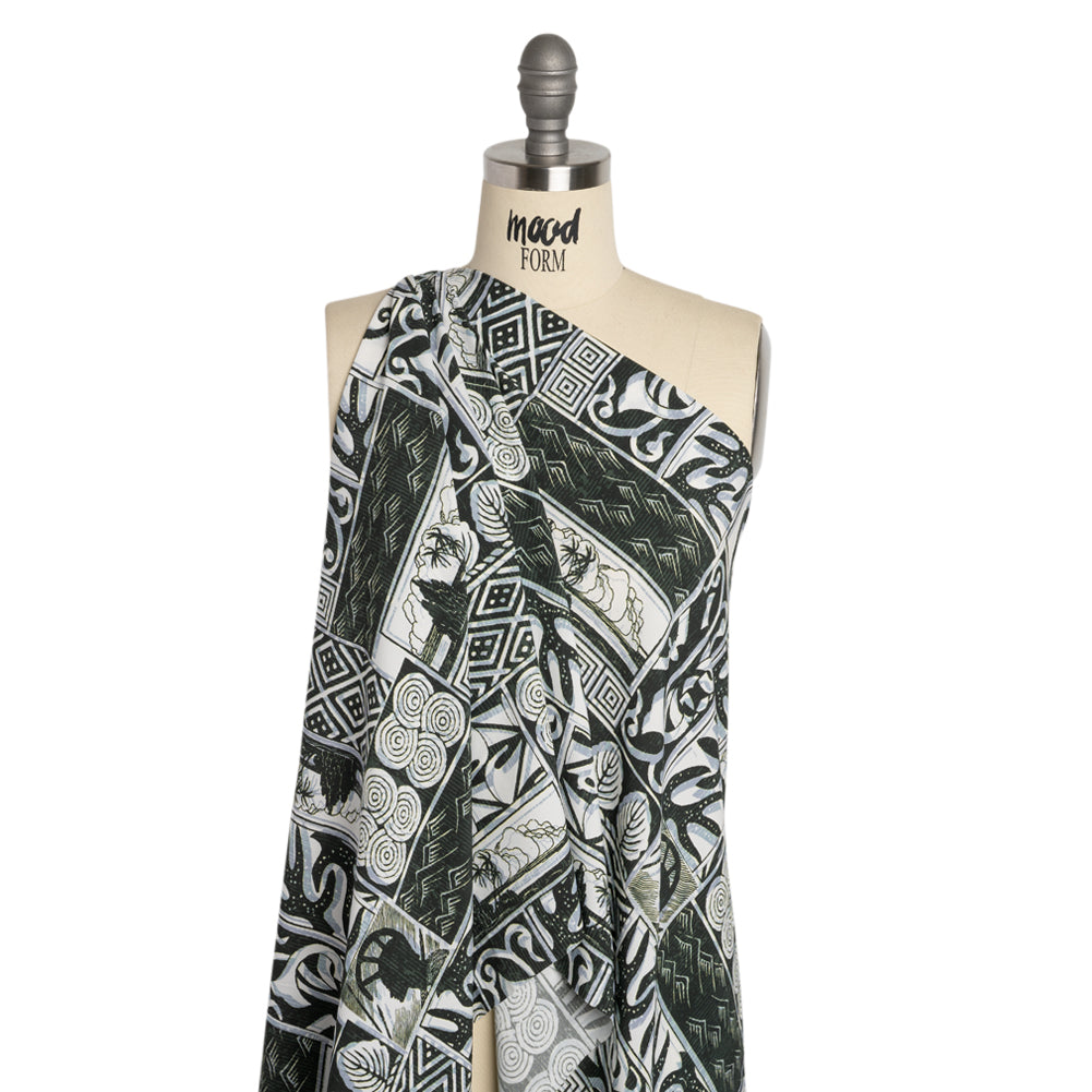 Viscose Woven Print - Black, White and Pale Blue Leaf and Geometric Patchwork - Mood Exclusive Mahiole of Maui Detail