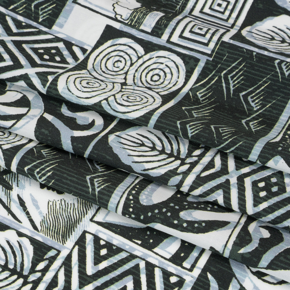 Viscose Woven Print - Black, White and Pale Blue Leaf and Geometric Patchwork - Mood Exclusive Mahiole of Maui Full
