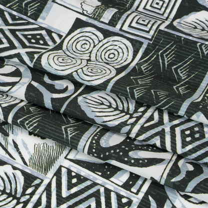 Viscose Woven Print - Black, White and Pale Blue Leaf and Geometric Patchwork - Mood Exclusive Mahiole of Maui Full