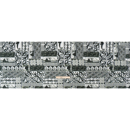 Viscose Woven Print - Black, White and Pale Blue Leaf and Geometric Patchwork - Mood Exclusive Mahiole of Maui Drape
