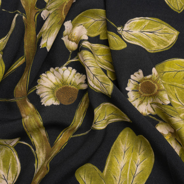 Sustainable Viscose Crepe Print - Black and Leaf Green Floral - Mood Exclusive Dolomite Daisies