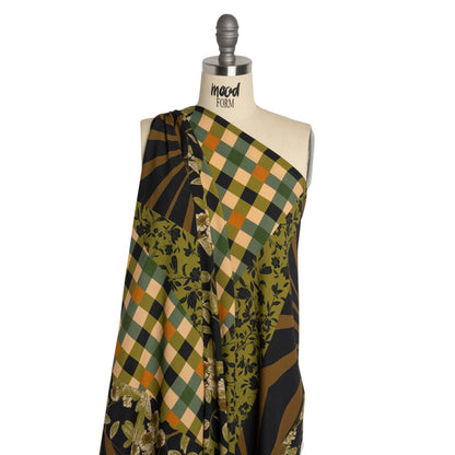Sustainable Viscose Crepe Panel - Green and Brown Checks and Floral Patchwork - Mood Exclusive Earth's Gifts Detail