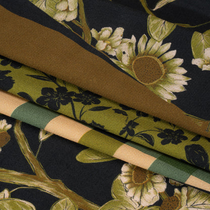 Sustainable Viscose Crepe Panel - Green and Brown Checks and Floral Patchwork - Mood Exclusive Earth's Gifts Full