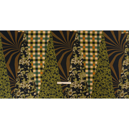 Sustainable Viscose Crepe Panel - Green and Brown Checks and Floral Patchwork - Mood Exclusive Earth's Gifts Drape