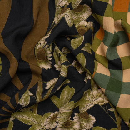 Sustainable Viscose Crepe Panel - Green and Brown Checks and Floral Patchwork - Mood Exclusive Earth's Gifts