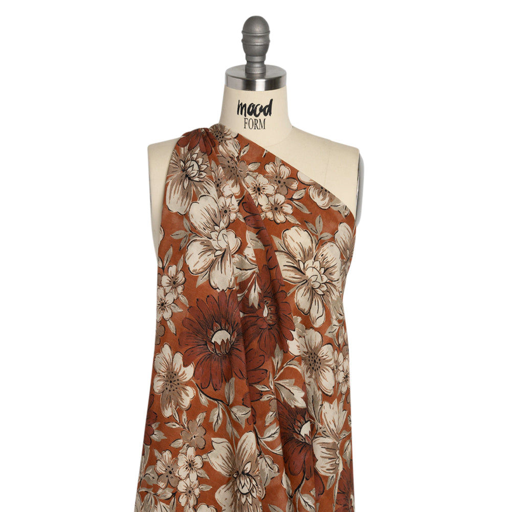 Sustainable Viscose Crepe Print - Rust Orange and White Floral - Mood Exclusive Crowded Fields Drape