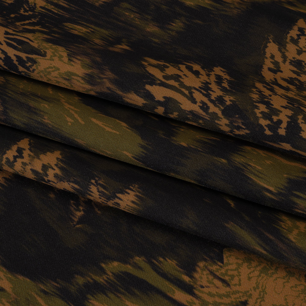 Stretch Polyester Woven Print - Black, Green and Brown Abstract Ikat - Mood Exclusive Brown Sugar Morning - Folded