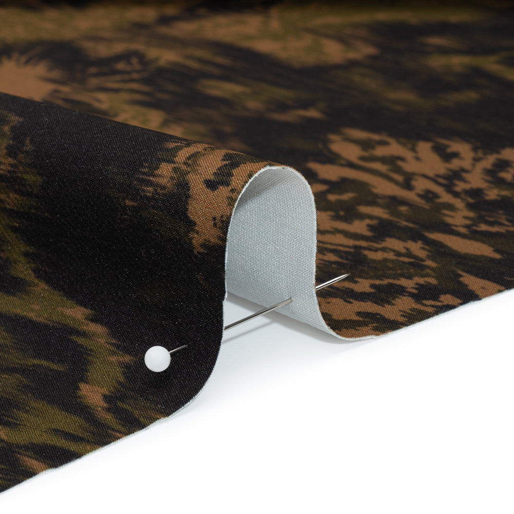 Stretch Polyester Woven Print - Black, Green and Brown Abstract Ikat - Mood Exclusive Brown Sugar Morning - Detail