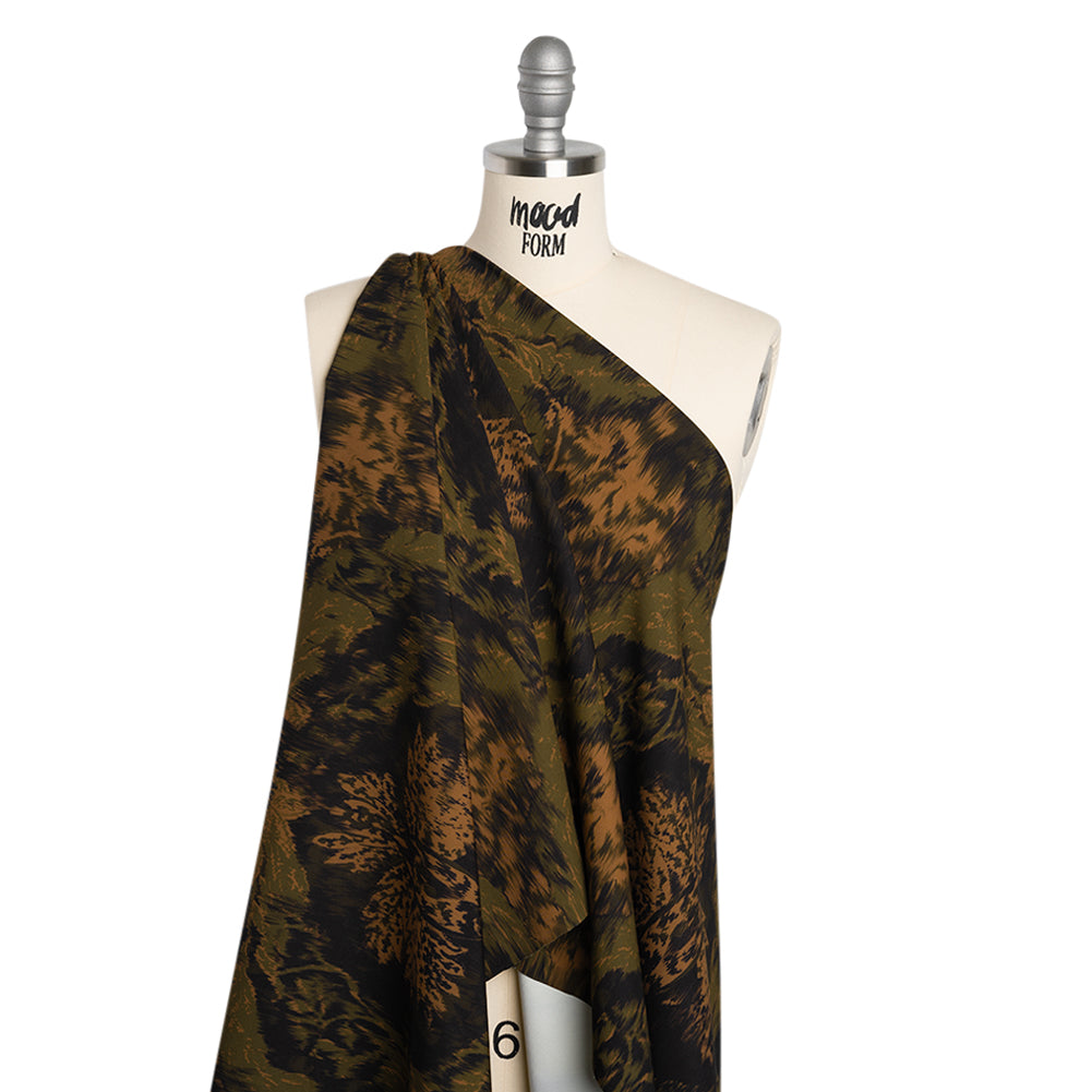 Stretch Polyester Woven Print - Black, Green and Brown Abstract Ikat - Mood Exclusive Brown Sugar Morning - Drape