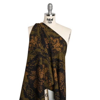Stretch Polyester Woven Print - Black, Green and Brown Abstract Ikat - Mood Exclusive Brown Sugar Morning