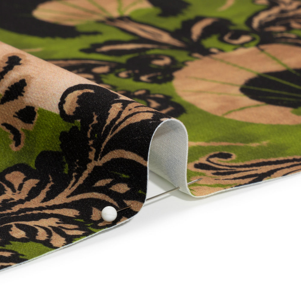 Stretch Polyester Woven Print - Green and Beige Leafy Stripes - Mood Exclusive Estate on Willow Detail