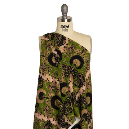 Stretch Polyester Woven Print - Green and Beige Leafy Stripes - Mood Exclusive Estate on Willow Drape