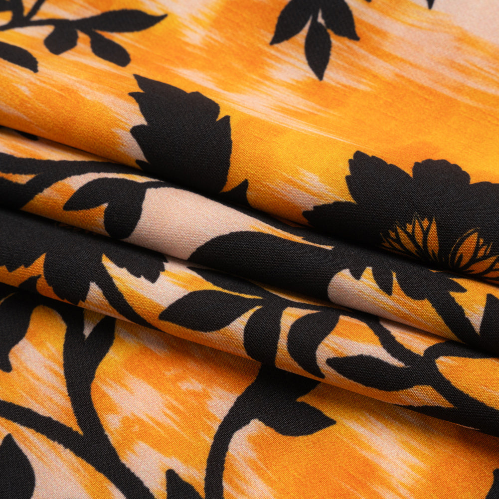 Stretch Polyester Woven Print - Yellow Florals on Abstract Ikat - Mood Exclusive Rambling Brambles Folded
