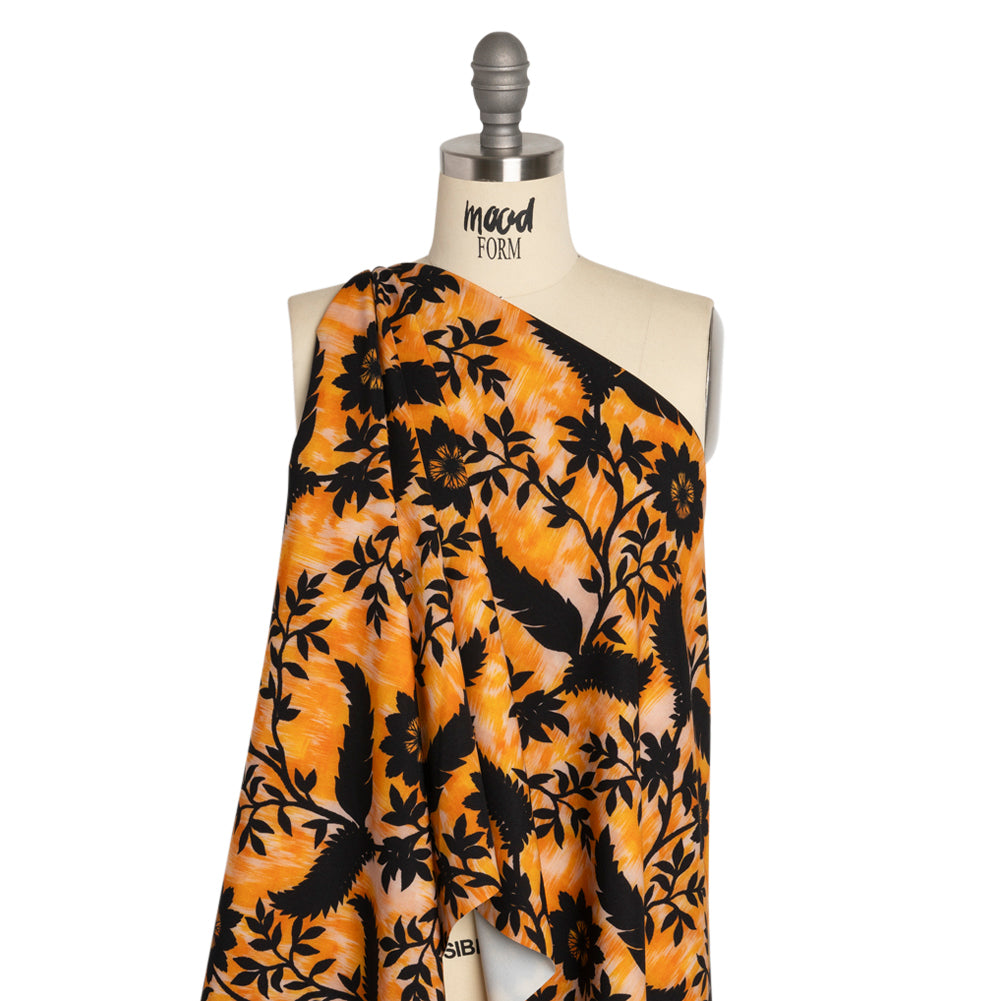 Stretch Polyester Woven Print - Yellow Florals on Abstract Ikat - Mood Exclusive Rambling Brambles Drape