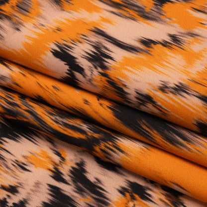 Stretch Polyester Woven Print - Orange and Black Abstract Ikat - Mood Exclusive Shifting Sands Folded