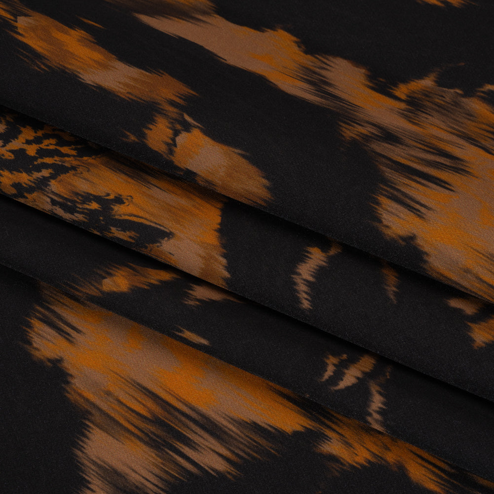Stretch Polyester Woven Print - Black and Brown Abstract Ikat - Mood Exclusive Brown Sugar Morning Folded
