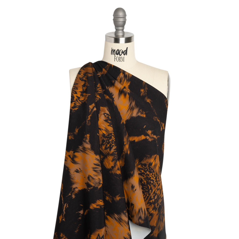 Stretch Polyester Woven Print - Black and Brown Abstract Ikat - Mood Exclusive Brown Sugar Morning Drape