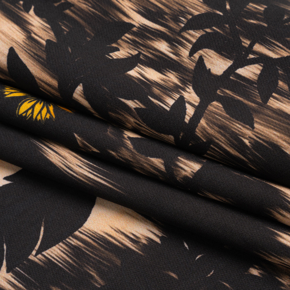 Stretch Polyester Woven Print - Black Florals on Abstract Ikat - Mood Exclusive Rambling Brambles Folded