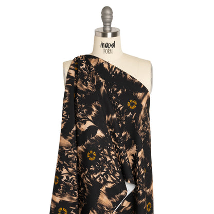 Stretch Polyester Woven Print - Black Florals on Abstract Ikat - Mood Exclusive Rambling Brambles Drape
