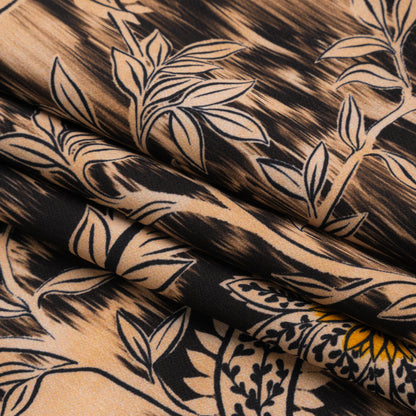 Stretch Polyester Woven Print - Beige Florals on Abstract Ikat - Mood Exclusive Rambling Brambles Folded